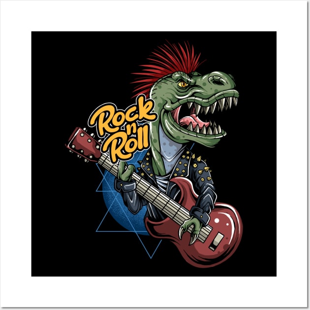 cyber-punk-trex-dinosaur-rocker-jacket-playing-guitar Wall Art by snoddyshop